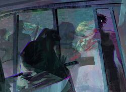  1boy blood blood_splatter bright_pupils commentary dahnu english_commentary eyed_silhouette highres japanese_clothes jujutsu_kaisen jujutsu_tech_uniform muscular muscular_female shouji silhouette sliding_doors standing zen'in_jinichi zen'in_maki zen'in_maki_(post-shibuya) 