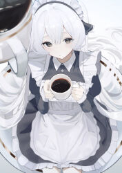  1girl absurdres apron black_dress blush brown_eyes closed_mouth coffee coffee_mug collared_dress commentary cowboy_shot cup double-parted_bangs dress english_commentary eyelashes frilled_apron frilled_dress frills from_above hair_between_eyes hair_spread_out hands_up highres holding holding_cup juliet_sleeves long_hair long_sleeves looking_at_viewer maid maid_apron maid_headdress mug on_plate original plate puffy_sleeves rarukii_(user_yuhv5875) sidelocks simple_background sitting solo straight_hair upturned_eyes very_long_hair white_apron white_background white_hair 