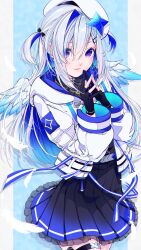  1girl absurdres alternate_hair_length_(longer) amane_kanata amane_kanata_(work) angel_wings aqua_nails belt beret black_dress black_gloves blue_belt blue_dress blue_hair blue_wings closed_mouth colored_inner_hair commentary cowboy_shot double-parted_bangs dress falling_feathers feathered_wings feathers frilled_dress frills gloves gradient_clothes gradient_dress gradient_wings grey_hair hair_between_eyes hair_ornament hairclip hat highres hololive jacket long_hair long_hair_between_eyes long_sleeves looking_at_viewer mini_wings multicolored_hair multicolored_wings muto_(n0sug4r) nail_polish official_alternate_costume official_alternate_hairstyle partially_fingerless_gloves pink_streaks pleated_dress pouch short_dress single_hair_intake sleeveless sleeveless_dress smile solo steepled_fingers streaked_hair thigh_pouch thigh_strap two_side_up violet_eyes virtual_youtuber white_hat white_jacket white_wings wings 
