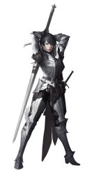  1girl armor armored_boots arms_up belt belt_buckle belt_pouch black_belt black_hair black_pants blue_eyes boots buckle chain claymore_(sword) closed_mouth couter cuirass cuisses dongho_kang expressionless eyelashes fantasy full_body gauntlets hair_between_eyes hair_over_one_eye highres holding holding_behind_back holding_sword holding_sword_behind_back holding_weapon holding_weapon_behind_back lips looking_at_viewer nose original pants pauldrons pouch realistic rerebrace scabbard sheath sheathed short_hair shoulder_armor simple_background solo standing sword third-party_source two-handed_sword very_short_hair weapon white_background 