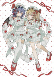  2girls absurdres ankle_socks bat_wings blonde_hair bow cherry collarbone commentary_request dress flandre_scarlet food frilled_dress frills fruit full_body hair_between_eyes hair_bow hat hat_ribbon highres holding holding_ice_cream_cone ice_cream_cone leg_up mary_janes multiple_girls multiple_hair_bows nail_polish open_mouth red_eyes remilia_scarlet ribbon shoes short_hair short_sleeves side_ponytail socks thigh-highs touhou uzmee violet_eyes wings 