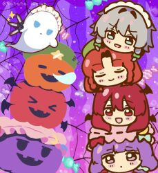  4girls :d beret blue_eyes blush bow braid candy closed_eyes closed_mouth commentary_request crescent crescent_hat_ornament demon_wings food ghost green_bow green_hat grey_hair hair_bow halloween hat hat_ornament head_wings highres holding holding_knife hong_meiling izayoi_sakuya jack-o'-lantern knife koakuma long_hair maid maid_headdress mob_cap multiple_girls nene_man nose_bubble patchouli_knowledge pink_hat purple_background purple_hair red_eyes red_hair silk sleeping smile spider_web star_(symbol) star_hat_ornament touhou twin_braids violet_eyes wings wrapped_candy yukkuri_shiteitte_ne zzz 