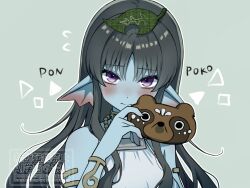  1girl armlet black_hair blue_skin blush bracelet colored_skin commentary_request dragon_quest dragon_quest_x dress fins fish_girl flying_sweatdrops green_background halter_dress halterneck head_fins highres holding holding_mask jewelry leaf leaf_on_head long_hair looking_at_viewer looking_up mask monster_girl nikon_(user_aznh7528) seria_(dq10) shy silver_armlet silver_bracelet solo tanuki upper_body violet_eyes white_dress 