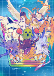  angel angel_wings angemon angewomon birdramon blue_fur bodysuit boxing_gloves cactus colored_skin covered_eyes digimon digimon_(creature) digimon_adventure digimon_day dinosaur emr-dgmn everyone exoskeleton extra_arms extra_teeth eyecatch fiery_wings garurumon giant_insect gloves greymon grid_background helmet helmet_over_eyes highres holy_ring ikkakumon insect_wings kabuterimon monster_girl multiple_wings orange_feathers orange_scales orange_skin plant_girl red_gloves rhinoceros_beetle sharp_teeth spines strapless_bodysuit talons teeth togemon tusks white_bodysuit winged_helmet wings wolf 