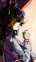 1girl ahoge animal_ears black_hair coffee_mug commentary cup ear_tag english_commentary from_side hair_between_eyes highres holding holding_cup horse_ears horse_girl long_bangs long_hair long_hair_between_eyes long_sleeves looking_at_viewer looking_to_the_side manhattan_cafe_(umamusume) mug phone_wallpaper purple_shirt raneblu sailor_collar sailor_shirt school_uniform shirt solo tracen_school_uniform umamusume upper_body winter_uniform yellow_eyes