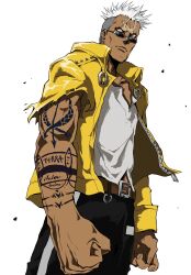 1boy arm_tattoo belt black_pants brown_belt clenched_hand closed_mouth cross_scar dark-skinned_male dark_skin fullmetal_alchemist grey_hair highres jacket leather leather_jacket light_particles looking_to_the_side male_focus muscular nu_punxxxz pants red_eyes scar scar_(fma) scar_on_face shirt short_hair simple_background solo sunglasses tattoo torn_clothes torn_sleeves white_background white_shirt yellow_jacket 