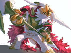  1other cape chesnaught claws closed_mouth commentary_request forehead_protector furry fusenryo holding holding_weapon mega_chesnaught mega_pokemon pokemon pokemon_(creature) pokemon_focus red_nose spikes tail weapon white_beard white_fur yellow_claws 