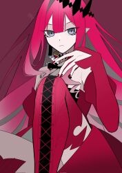  1girl baobhan_sith_(fate) baobhan_sith_(first_ascension)_(fate) boots detached_sleeves dress earrings fate/grand_order fate_(series) grey_eyes hair_ornament highres jewelry knee_up koma315ht long_hair looking_at_viewer pink_hair pointy_ears red_dress solo thigh_boots 