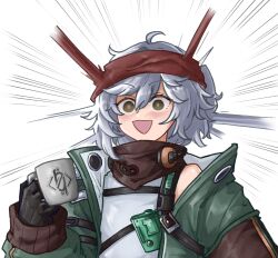  1girl :d ahoge bandana black_gloves brown_eyes commentary cup emphasis_lines english_commentary g11_(girls'_frontline) girls'_frontline_2:_exilium girls_frontline gloves grey_hair headband holding holding_cup mechty_(girls'_frontline_2) mug open_mouth orakuru_(oracle_art) red_headband short_hair simple_background smile solo upper_body white_background 