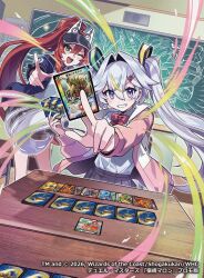  2026 2girls between_fingers black_visor_cap blonde_hair blue_eyes blue_jacket bow bowtie card card_between_fingers chalkboard clenched_teeth commentary_request copyright_notice desk dragon_musume_ni_naritakunai! duel_masters dutch_angle fal0811 green_eyes green_hair grey_hair hair_between_eyes hair_ornament high_ponytail holding holding_card indoors jacket jurako_ljuba long_hair looking_at_viewer multicolored_eyes multicolored_hair multiple_girls official_art one_eye_closed open_clothes open_jacket open_mouth pink_eyes pink_jacket plaid_clothes plaid_skirt playing_card pointing pointing_at_viewer ponytail red_bow red_bowtie red_hair school_desk shirt skirt smile sukune_maron teeth trading_card twintails visor_cap white_shirt 