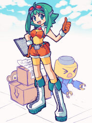  >_< 1girl 2others ahoge belt boots box breasts frown full_body gloves goggles goggles_on_head green_eyes green_hair gumi highres hikusa monkey open_mouth orange_gloves peeking_out robot short_hair_with_long_locks shorts smile socks standing tagme thumbs_up two-tone_gloves upper_teeth_only vocaloid 