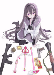 1girl absurdres akemi_homura akemi_homura_(magical_girl) arm_shield arm_support assault_rifle bishoujo_senshi_sailor_moon bishoujo_senshi_sailor_moon_supers black_boots black_hair black_hairband black_pantyhose boots bow bowtie card cardcaptor_sakura closed_mouth clow_card commentary_request copyright_request crossed_bangs crossover double-parted_bangs dress explosive expressionless finger_to_mouth frilled_dress frills fuuin_no_tsue grenade gun hair_between_eyes hairband hand_jewel handgun high_heels highres hoshii_hisa howa_type_89 kaleidomoon_scope korean_commentary long_hair long_sleeves looking_at_viewer m1911 mage_staff magical_girl mahou_shoujo_madoka_magica mahou_shoujo_madoka_magica_(anime) multiple_crossover pantyhose purple_bow purple_bowtie purple_eyes rifle rocket_launcher rpg-7 rpg_(weapon) simple_background sitting solo soul_gem_(madoka_magica) staff very_long_hair wand weapon white_background white_dress yokozuwari