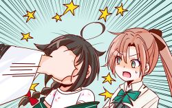  3girls ahoge akigumo_(kancolle) akigumo_kai_ni_(kancolle) alternate_costume aqua_bow aqua_bowtie black_dress blood bow bowtie braid brown_hair dress emphasis_lines gian_punch_(meme) gloom_(expression) green_eyes hair_bow hair_flaps highres in_the_face kantai_collection meme multiple_girls pleated_dress ponytail red_bow shigure_(kancolle) shigure_kai_ni_(kancolle) shirt shouhou-san_daisuki_teitoku single_braid star_(symbol) t-shirt white_shirt wide_sleeves yamashiro_(kancolle) 