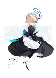  1girl absurdres apron back_bow blonde_hair blue_archive blue_bow blue_eyes blue_halo blue_streaks boots bow bun_cover chest_harness commentary duyue_moritz earpiece frilled_apron frills full_body halo harness high_heel_boots high_heels highres huge_bow juliet_sleeves long_sleeves looking_at_viewer maid maid_apron maid_headdress multicolored_hair on_floor puffy_sleeves simple_background solo streaked_hair thigh_boots toki_(blue_archive) white_apron white_background white_boots white_wrist_cuffs wrist_cuffs 