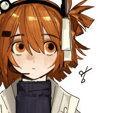  1girl a.i._voice adachi_rei closed_mouth hair_ribbon headset highres jacket one_side_up orange_eyes orange_hair ribbon shuifield simple_background solo tagme turtleneck upper_body utau white_background white_jacket white_ribbon 