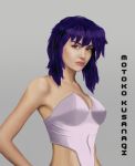 armpits bare_shoulders bodysuit breasts cleavage crossed_legs cyborg erect_nipples ghost_in_the_shell ghost_in_the_shell_stand_alone_complex kusanagi_motoko legs_crossed lips purple_hair red_eyes short_hair sitting solo 