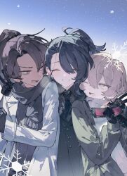  3boys absurdres black_gloves blonde_hair brown_hair brown_scarf brown_sweater coat commentary cowboy_shot double_v full-stop_office_(identity)_(project_moon) gloves goggles goggles_around_neck green_coat grey_sweater grin heathcliff_(project_moon) high_ponytail highres hong_lu_(project_moon) hug lapels limbus_company long_hair multiple_boys notched_lapels one_eye_closed open_mouth parted_bangs ponytail project_moon ribbed_sweater scarf sinclair_(project_moon) smile snowflakes sweater test169996 turtleneck turtleneck_sweater untranslatable_commentary v very_long_hair white_coat yellow_eyes 