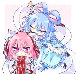  2girls :3 ahoge animal_ears bandaged_arm bandages behind_another biting biting_ear black_shoes blue_dress blue_hair blush border chinese_commentary chisel closed_eyes closed_mouth commentary_request dress drill_hair drill_sidelocks fang fang_out floating flower frilled_dress frills frown hagoromo hair_between_eyes hair_ornament hair_ribbon hair_rings hair_stick highres ibaraki_kasen jitome kaku_seiga ke_lao_pi_pi_si kemonomimi_mode mary_janes multiple_girls no_nose no_pupils open_clothes open_vest outside_border pink_background pink_eyes pink_flower pink_hair pink_rose puffy_short_sleeves puffy_sleeves red_ribbon red_tabard ribbon rose shawl shirt shoes short_sleeves sidelocks simple_background sleeve_ribbon smile socks sparkle tabard tail touhou vest white_border white_shirt white_socks white_tail white_vest yuri 