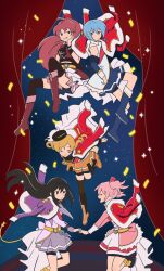5girls ^_^ absurdres akemi_homura belt beret black_hair blonde_hair blue_gem blue_hair blue_skirt boots bow buckle closed_eyes commentary_request curtains drill_hair fly_me_to_the_star_(revue_starlight) four-pointed_star fur-trimmed_jacket fur_trim gem hairband hat heart heart-shaped_buckle highres jacket jacket_on_shoulders jaynestargaryen kaname_madoka knee_boots leg_up long_hair looking_at_another mahou_shoujo_madoka_magica mahou_shoujo_madoka_magica_(anime) mebachi_(style) miki_sayaka multiple_girls open_mouth orange_skirt pink_gem pink_hair pink_skirt purple_gem purple_skirt red_hair red_jacket red_sash sakura_kyoko sash short_hair short_twintails shoujo_kageki_revue_starlight shoulder_sash skirt smile spanish_commentary stage_curtains star_(sky) star_ornament starry_sky_background thighhighs tomoe_mami twin_drills twintails yellow_belt