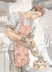  1boy absurdres adam's_apple apron arm_tattoo cake extra_eyes facial_tattoo food frilled_apron frills grey_pants hair_ornament hairclip highres holding holding_pastry_bag indoors jujutsu_kaisen kitchen male_focus merry_christmas mini_christmas_tree pants pastry_bag pink_apron pink_hair red_eyes ryoumen_sukuna_(jujutsu_kaisen) shirt solo standing t-shirt tattoo white_shirt woshihedawei 