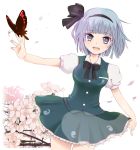  1girl bowtie butterfly cherry_blossoms cowboy_shot dutch_angle frills grey_eyes hair_ribbon hairband konpaku_youmu looking_at_viewer open_mouth outstretched_arm petals puffy_sleeves ribbon saiga_yuu short_hair short_sleeves silver_hair skirt solo standing touhou tree vest white_background 