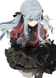  1girl absurdres ascot bang_dream! bang_dream!_it's_mygo!!!!! black_ascot black_ribbon black_skirt blue_hair closed_mouth commentary ground_pound_(gupaaaa) hair_ribbon highres long_hair oblivionis_(bang_dream!) red_shirt ribbon shirt sidelocks simple_background skirt solo togawa_sakiko untranslatable_commentary white_background yellow_eyes 