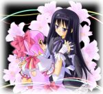  akemi_homura black_hair bow capelet dancing flower gloves hair_bow hairband hand_holding holding_hands kaname_madoka lilies lily_(flower) long_hair magical_girl mahou_shoujo_madoka_magica multiple_girls pink_eyes pink_hair purple_eyes shield shizuku-mahoroba short_twintails twintails violet_eyes white_gloves yuri 