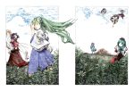  aki_minoriko aki_shizuha backpack bag baseball_cap blonde_hair blue_eyes boots bow brown_hair bush cloud detached_sleeves flower flying frills frog front_ponytail green_eyes green_hair hair_bow hair_ornament hair_ribbon hairpin hat himekaidou_hatate holding_hands inubashiri_momiji kagiyama_hina kawashiro_nitori kochiya_sanae leaf maple_leaf mirror moriya_suwako mountain_of_faith multiple_girls mushroom nature nib_pen_(medium) open_mouth plaid plaid_skirt pointing ribbon shameimaru_aya shide shield shimenawa short_twintails skirt smile snake sword thighhighs tokin_hat totaku_(musha_prune) touhou tozawa traditional_media twintails watercolor_(medium) wavy_hair weapon wink yasaka_kanako 