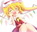  :d ascot blonde_hair blush closed_eyes dress eyes_closed fang flandre_scarlet geogeo hand_to_mouth happy happy_tears hat hat_ribbon midriff open_mouth red_dress ribbon rubbing_eyes side_ponytail simple_background smile solo tears the_embodiment_of_scarlet_devil touhou wings wiping_tears 