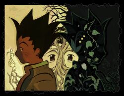  1boy alternate_skin_color black_eyes black_hair closed_mouth darkened_skin flower from_side gachahugs gon_freecss highres hunter_x_hunter leaf lily_of_the_valley male_focus plant_roots short_hair spiky_hair symmetry tree tulip white_flower white_tulip 