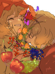  2girls aki_minoriko aki_shizuha apple blonde_hair closed_eyes commentary_request eneshi flower flower_request food fruit grin hair_ornament hat highres leaf leaf_hair_ornament long_sleeves maple_leaf medium_hair mob_cap multiple_girls open_mouth orange_flower orange_hat red_shirt shirt siblings simple_background sisters smile touhou white_background yellow_shirt 