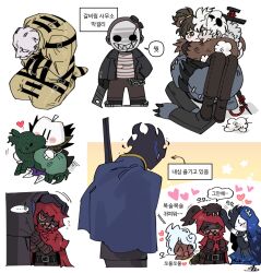  4boys 5girls beehive_hairdo black_fire black_hair blue_cape blue_hair brown_eyes brown_gloves brown_hair brown_pants cape clenched_hands commentary_request dark-skinned_female dark_skin der_freischuetz_(project_moon) e.g.o_(project_moon) ebony_queen's_apple fire force_(4sk_force) forsaken_murderer gloves gradient_hair horse hug king_of_greed knight_of_despair korean_commentary library_of_ruina limbus_company little_red_riding_hooded_mercenary lobotomy_corporation long_hair mccullin_(project_moon) multicolored_hair multiple_boys multiple_girls nail_(hardware) open_mouth pants petting project_moon red_eyes rose_hunter simple_background smile the_forgotten_(e.g.o) very_long_hair wallet_chain white_background white_hair 