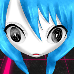  1girl black_background black_eyes blue_hair bright_pupils close-up colored_skin commentary_request hatsune_miku long_hair open_mouth science_adventure seijou shiteyan'yo solo steins;gate vocaloid white_pupils white_skin 