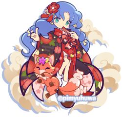  1girl ^_^ animal aqua_eyes bell black_bow black_kimono black_sash blue_hair blush_stickers bow closed_eyes closed_mouth cloud_print commentary_request earrings egasumi floral_print floral_print_kimono floral_print_sash flower folded_fan folding_fan forked_hair fox fox_shadow_puppet hair_bell hair_flower hair_ornament hair_ribbon hand_fan holding holding_fan japanese_clothes jewelry jingle_bell kanzashi kimono kitsune layered_kimono long_hair looking_at_viewer loose_socks low-tied_long_hair multiple_tails official_style okobo open_clothes open_kimono osaki_(puyopuyo) pimyuhuwa pink_flower pink_kimono platform_sandals print_bow print_kimono puyopuyo puyopuyo_quest red_flower red_kimono ribbon rulue_(puyopuyo) sandals sash simple_background smile socks tail tsumami_kanzashi twitter_username two_tails very_long_hair white_background white_ribbon white_socks wide_sleeves 