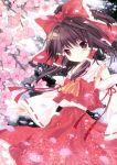  ascot bow branch brown_eyes brown_hair cherry_blossoms detached_sleeves dress hair_bow hair_ribbon hair_tubes hakurei_reimu highres japanese_clothes long_hair miko petals red_dress ribbon smile solo touhou yellow_eyes yukim27 