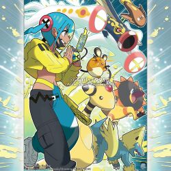  1girl absurdres ampharos aqua_hair aqua_nails aqua_pants artist_name black_pants blonde_hair blue_eyes bright_pupils canari_(pokemon) cellphone claws closed_mouth commentary company_name copyright_notice dark-skinned_female dark_skin dedenne eelektross electric_type_theme_(pokemon) english_commentary fangs forehead_jewel from_side grin heliolisk highres holding holding_poke_ball jacket long_sleeves manectric mask medium_hair mega_eelektross mega_pokemon merchandise_available midriff mouth_mask multicolored_hair multicolored_nails nail_polish official_style open_clothes open_jacket open_mouth outline pants phone poke_ball pokemon pokemon_(creature) pokemon_legends:_z-a pokemon_team quick_ball red_eyes rotom rotom_phone shoes smartphone smile split-color_clothes split-color_hair stunfisk tom_higgins twintails two-tone_hair two-tone_nails two-tone_pants watermark white_outline white_pupils white_shoes yellow_jacket yellow_nails 
