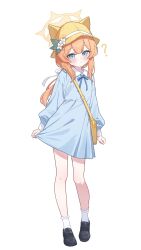  1girl ? absurdres alternate_costume animal_ear_fluff animal_ear_headwear animal_ears blue_archive blue_dress blue_eyes blue_ribbon blush cat_girl commentary double-parted_bangs dress flower full_body hair_ornament halo hat hat_flower highres loafers long_hair long_sleeves looking_at_viewer low_ponytail mari_(blue_archive) neck_ribbon nonddu orange_hair ponytail ribbon shoes simple_background solo untranslatable_commentary white_background white_flower white_ribbon yellow_halo 