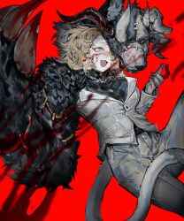  1girl akinori9013 blonde_hair blood blue_eyes chain chain_necklace claw_(weapon) collared_shirt earrings gloves highres jewelry limbus_company mask multiple_scars necklace original project_moon red_background ring_(identity)_(project_moon) scar scar_on_face shirt simple_background solo splatter suit tail weapon white_suit 