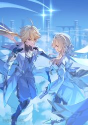  1boy 1girl aether_(as_heaven_and_earth_are_made_anew)_(genshin_impact) aether_(genshin_impact) ahoge arch back_bow backless_dress backless_outfit black_boots black_gloves black_shirt blonde_hair blue_gem blue_sky blue_theme blue_trim boots bow braid bridal_gauntlets brown_thighhighs brown_trim clouds coat commentary_request detached_sleeves double-parted_bangs dress fingerless_gloves floating flower flower_on_chest gem genshin_impact gloves gold_trim grey_pants grey_vest hair_bow half_up_braid highres juliet_sleeves kukatsuma long_bangs long_coat long_hair long_sleeves low_ponytail lumine_(as_heaven_and_earth_are_made_anew)_(genshin_impact) lumine_(genshin_impact) pants pillar ponytail puffy_sleeves shirt shooting_star short_hair_with_long_locks siblings sky sleeveless sleeveless_dress thigh-highs twins vest white_bow white_bridal_gauntlets white_coat white_dress white_flower white_sleeves yellow_eyes 