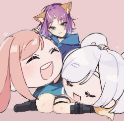  1girl animal_ears black_choker blue_hoodie character_doll cho_kaguya-hime! choker commentary_request doll forehead_jewel fox_ears fox_girl green_eyes highres hood hood_down hoodie kaguya_(cho_kaguya-hime!) kaguya_(tsukuyomi)_(cho_kaguya-hime!) looking_at_viewer open_mouth pink_background purple_hair runami_yachiyo runami_yachiyo_(tsukuyomi) sakayori_iroha sakayori_iroha_(tsukuyomi) short_hair simple_background sitting solo sweatdrop syanriumu thigh_strap 