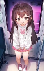  1girl absurdres animal_print baigaoji borrowed_character brown_eyes brown_hair chinese_commentary commentary_request full_body hair_ornament hairclip highres kittycc long_hair looking_at_viewer open_mouth original pink_shoes pink_skirt pleated_skirt print_sweater rabbit_print shoes skirt smile socks solo standing sweater train train_interior white_sweater window 