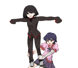  1boy 1girl 2girls bike_shorts bike_shorts_under_skirt black_hair brown_eyes crossdressing crossdressing_(ftm) empty_eyes full_body holding_another's_legs kanbaru_suruga long_sleeves medium_hair monogatari_(series) multiple_girls naoetsu_high_school_uniform nervous_sweating open_mouth oshino_ougi outstretched_arms owarimonogatari pink_shirt pleated_skirt purple_hair purple_skirt school_uniform shirt short_hair short_sleeves skirt sleeves_past_fingers sleeves_past_wrists sweat tsugumi_(tgm_615486) worried 