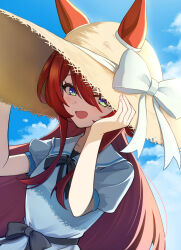  1girl animal_ears belt_bow blue_sky bow clouds commentary dress green_eyes handkerchief hat highres horse_ears horse_girl long_hair looking_at_viewer mugi_mg317 open_mouth red_hair sky solo sun_hat sundress umamusume white_bow white_dress win_variation_(umamusume) 