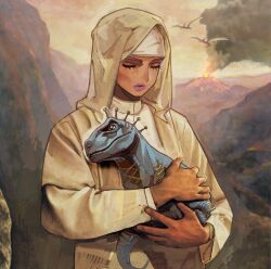  1girl animal closed_eyes closed_mouth commentary_request creature dark_skin diego_brando dinosaur headscarf highres holding holding_animal holding_creature hot_pants_(sbr) jesus_hug_dinosaur_(meme) jojo_no_kimyou_na_bouken korean_commentary lipstick long_sleeves makeup meme mountain nun nun_headdress official_alternate_costume outdoors pink_lips robe scary_monsters_(stand) solo steel_ball_run upper_body volcano white_robe wywydhd 