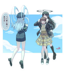  3girls ^_^ absurdres ahoge anglediana armpit_carry awa_subaru bang_dream! bang_dream!_girls_band_party! bang_dream!_it's_mygo!!!!! black_hair black_jacket black_socks blue_hair blue_sky chinese_commentary chinese_text closed_eyes commentary_request crossover day flying flying_sweatdrops girls_band_cry hat highres holding holding_notepad holding_pen iseri_nina jacket lifting_person long_hair michelle_(bang_dream!) miniskirt multiple_girls notepad open_clothes open_jacket outdoors pen police police_uniform policewoman prehensile_hair shoes short_hair short_twintails skirt sky socks speech_bubble togawa_sakiko translation_request twintails two_side_up white_socks 