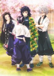  2boys 2girls belt black_jacket black_pants blue_eyes butterfly_hair_ornament cherry_blossoms crossed_arms demon_slayer_uniform full_body grey_hair hair_between_eyes hair_ornament hand_on_own_hip hand_to_own_mouth haori highres jacket japanese_clothes kimetsu_no_yaiba kochou_kanae kochou_shinobu long_hair looking_at_another multiple_boys multiple_girls multiple_scars niku_(ni23ku) open_clothes open_jacket outdoors pants pink_eyes print_haori purple_pants scar scar_on_arm scar_on_chest scar_on_face scar_on_forehead scar_on_hand scar_on_nose scars_all_over shinazugawa_sanemi shirt short_hair siblings sisters spiky_hair standing sweatdrop tabi tomioka_giyuu twitter_username two_side_up updo weibo_username white_belt white_shirt 