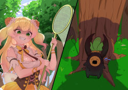  absurdres animal_ears bear_ears beetle blonde_hair bow bowtie brown_bow brown_bowtie bug butterfly_net commentary_request double-parted_bangs double_bun dress evil_grin evil_smile forest gradient_hair grass green_eyes grin hair_bun hand_net highres holding hololive momosuzu_nene momosuzu_nene_(1st_costume) multicolored_bow multicolored_bowtie multicolored_hair nature nekko_(momosuzu_nene) off-shoulder_dress off_shoulder orange_bow orange_bowtie peach_ornament shaded_face shadow smile teeth tree two_side_up virtual_youtuber 