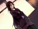  bad_id ben-tou black_eyes black_hair cardigan cccpo dutch_angle glasses holding_arm long_hair necktie pantyhose pleated_skirt school_uniform skirt solo sunset utou_mikoto uzu_mikoto very_long_hair window 