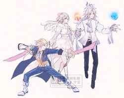  ascot blonde_hair commentary dissidia_duellum_final_fantasy dissidia_final_fantasy dress dual_wielding ff14hioo_oo7 fighting_stance final_fantasy final_fantasy_ix floating grey_hair holding kuja kuja_(bewitching_actor) mage_masher midriff navel official_alternate_costume pink_dress ponytail tailcoat terra_branford terra_branford_(blossom_princess) zidane_tribal zidane_tribal_(stellazzio's_scion) 