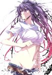  hair_ribbon kanzaki_kaori long_hair midriff mound_of_venus navel open_fly ponytail purple_eyes purple_hair ribbon s_tanly short_sleeves solo to_aru_majutsu_no_index unzipped violet_eyes 